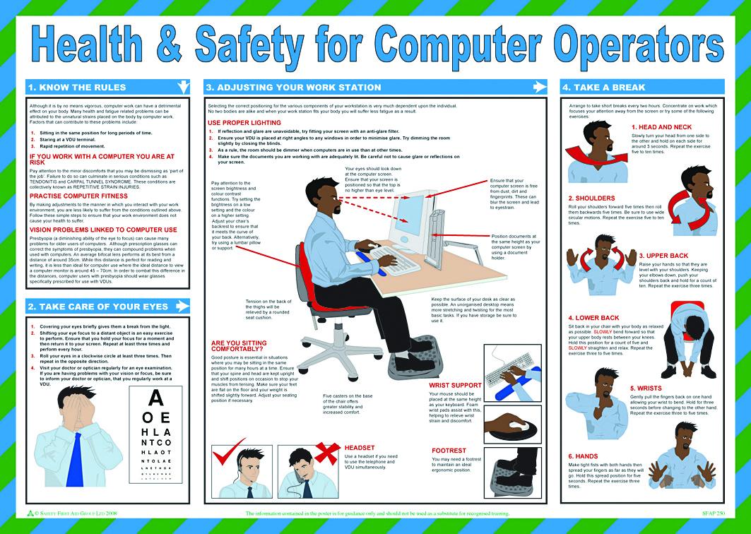 Safety First Aid Group Health /& Safety for Using Computers Operators Poster